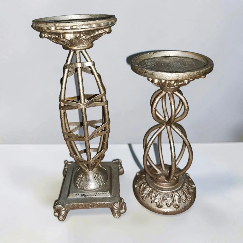 Candle Holders Set of 2 Champagne Gold Good Ornate Metal Open Work Pillar Stand